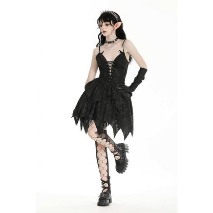 Dark in Love Zemira Goth Dress - 3D Floral Plunge Lace-Up Batwing Bust styled