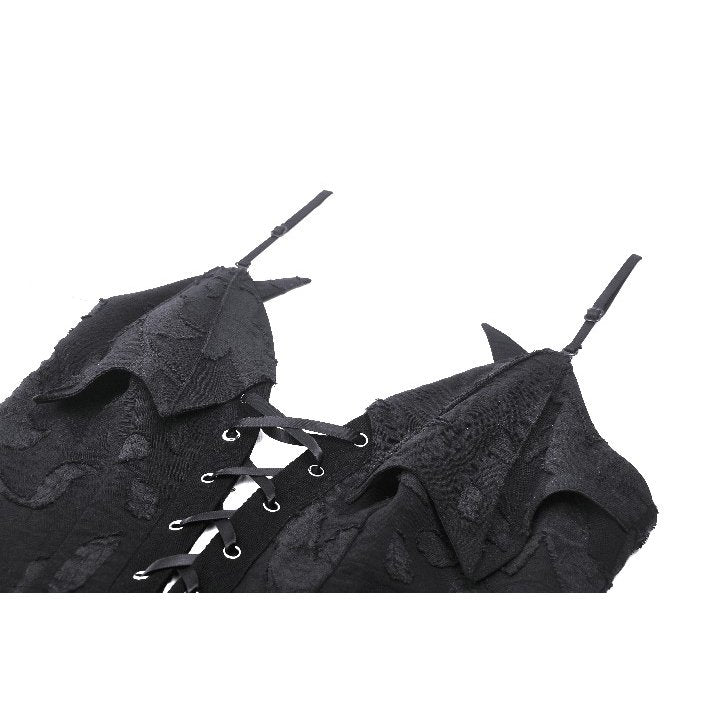 Dark in Love Zemira Goth Dress - 3D Floral Plunge Lace-Up Batwing Bust lace up closeup