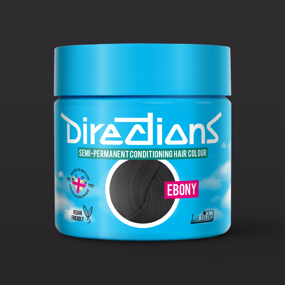 Directions Ebony Hair Dye Pot with matching black background