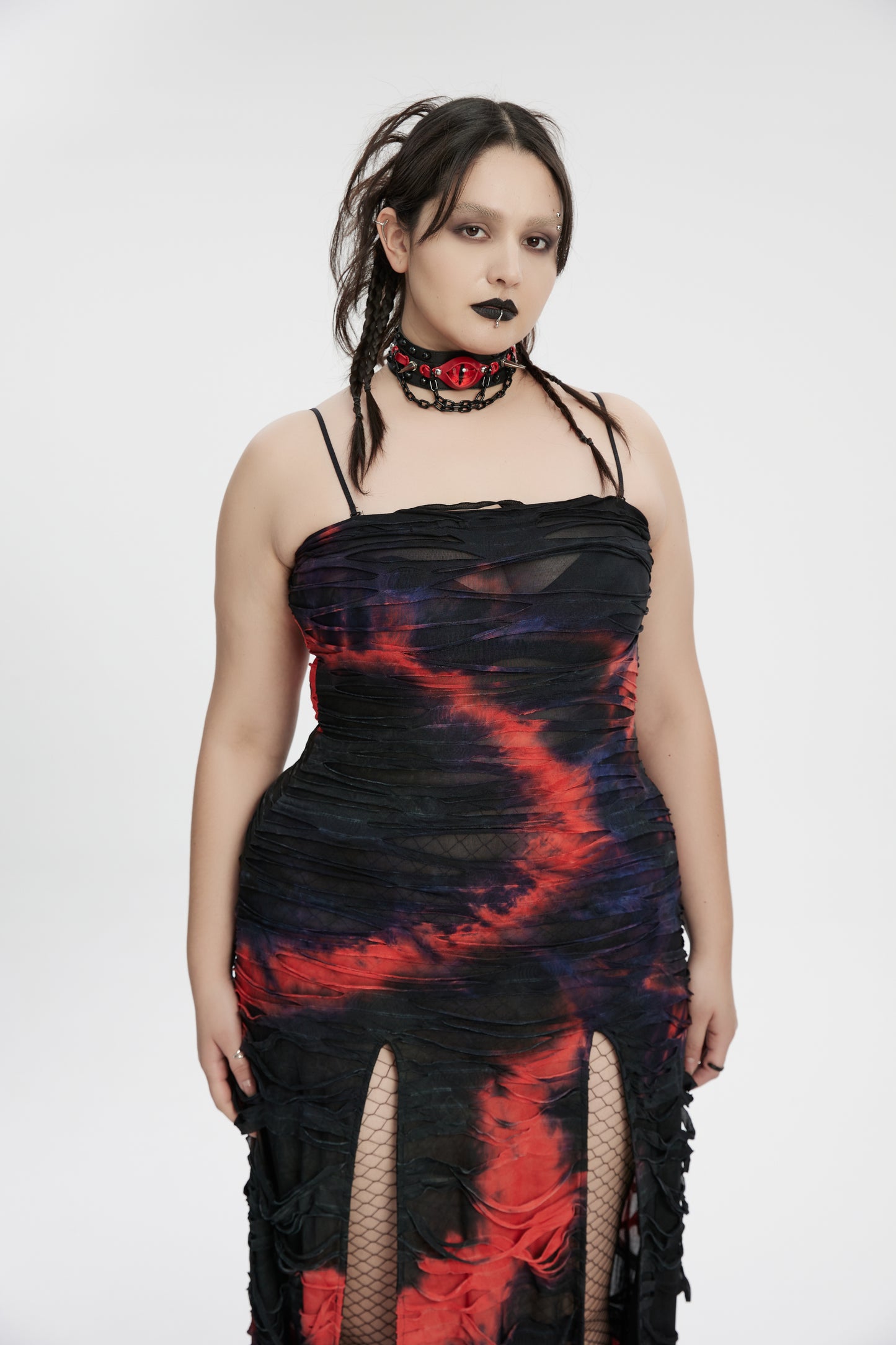 Wide PU leather choker with red gemstone eye