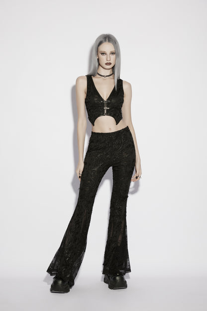 Model wearing Punk Rave Morticia Jacquard Flared Pants paired with a stylish crop top in a striking gothic aesthetic.