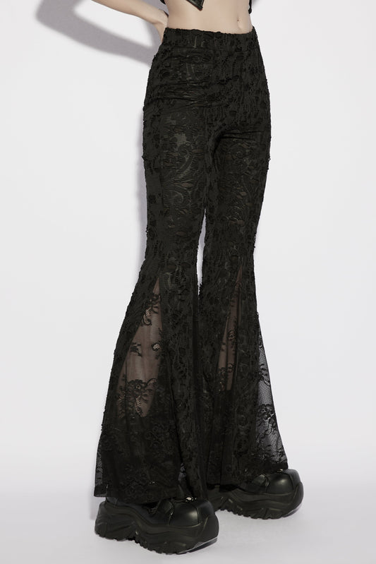 Punk Rave Morticia Jacquard Flared Pants showcased in a stylish black lace design with flared legs.