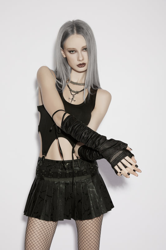 Model showcasing goth fingerless strap gloves, styled with a black outfit and edgy accessories.