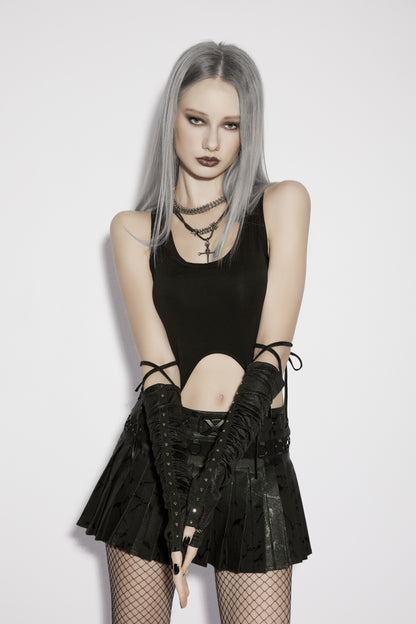 Model wearing goth fingerless strap gloves from Punk Rave, styled with a black tank and pleated skirt.