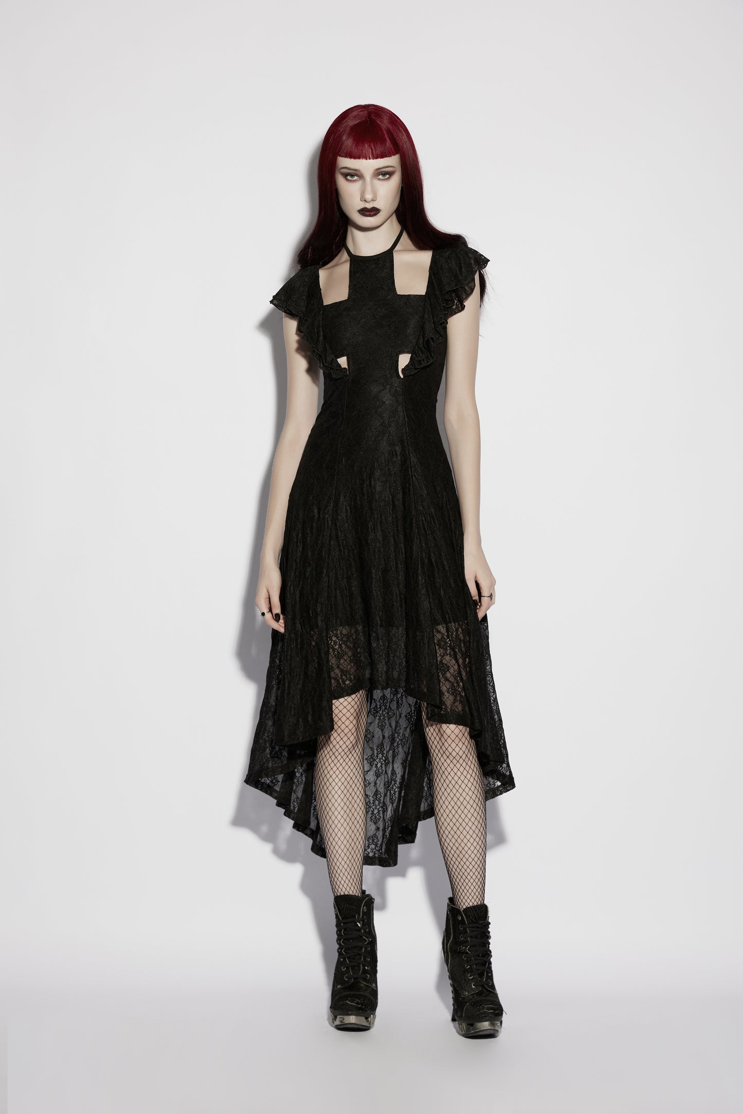 Goth flying sleeve dress with lace detail and asymmetrical silhouette featuring Punk Rave style.