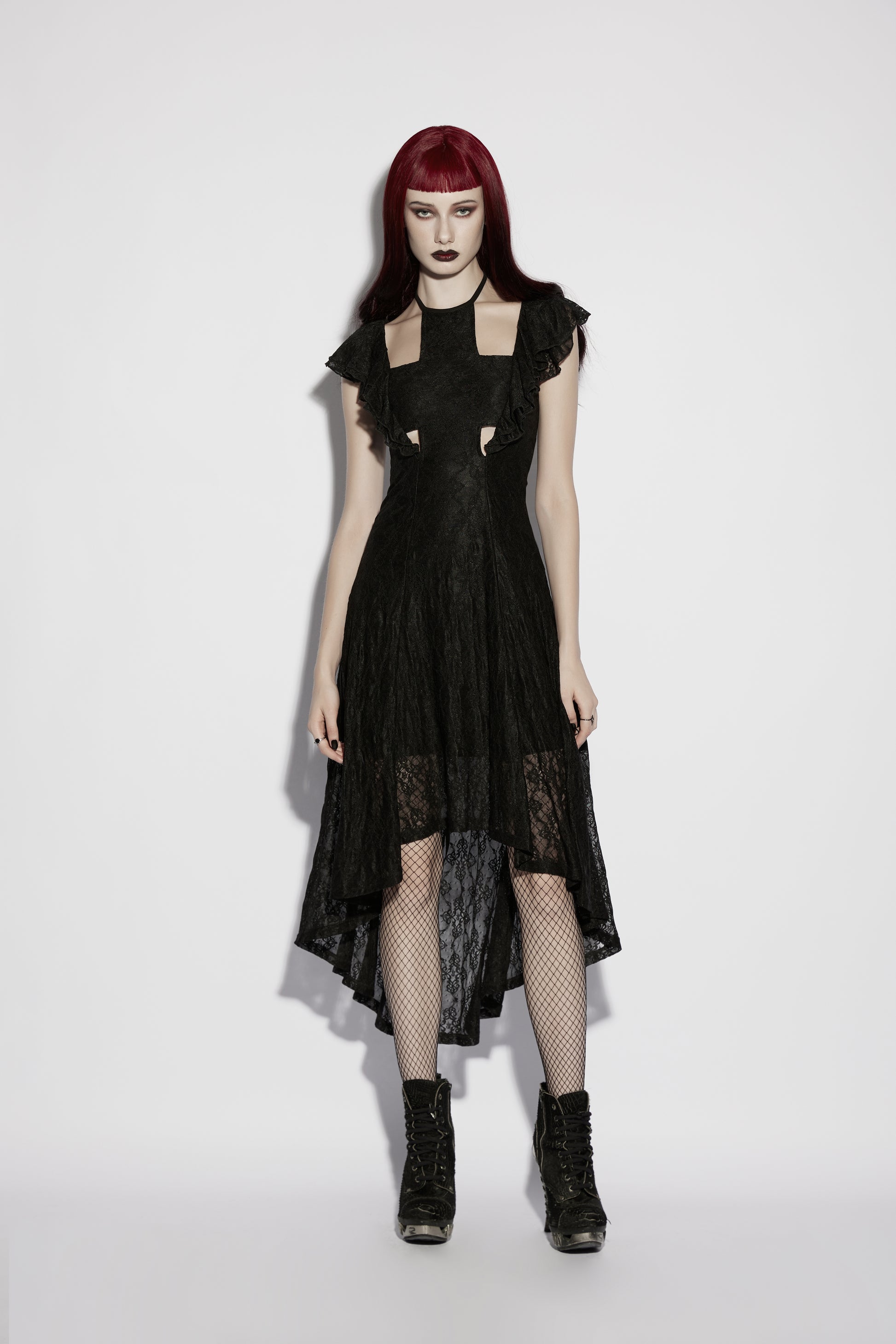 Goth flying sleeve dress with lace detail and asymmetrical silhouette featuring Punk Rave style.