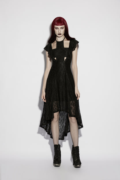 Goth flying sleeve dress with lace detail and asymmetrical silhouette featuring Punk Rave style.