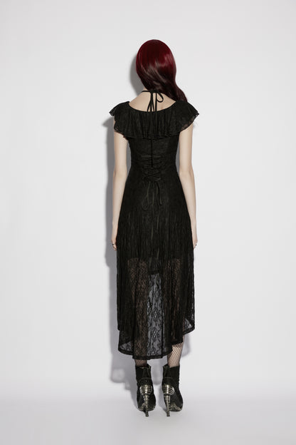 Back view of a goth flying sleeve dress featuring lace detail and asymmetrical hemline.