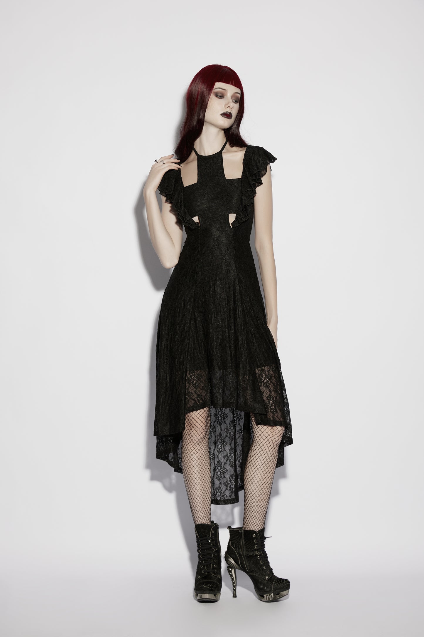 Goth flying sleeve dress featuring delicate lace, asymmetrical silhouette, and dramatic movement, perfect for dark romantic styles.