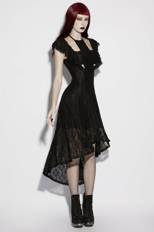 Goth flying sleeve dress featuring dramatic lace details and asymmetrical silhouette, perfect for a dark romantic look.