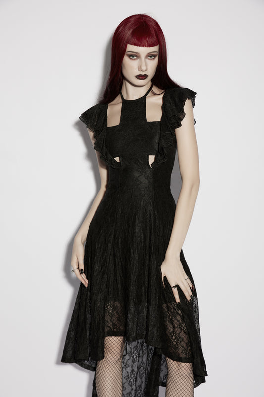 Goth flying sleeve dress featuring intricate lace and a dramatic silhouette, perfect for dark romantic looks.