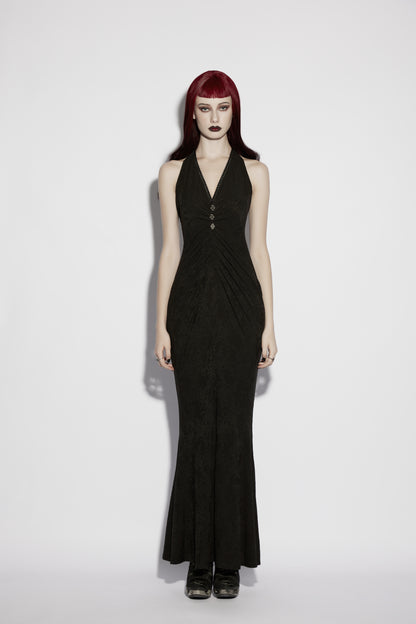 Model wearing Punk Rave Seraphina Jacquard Halter Fish Tail Dress featuring a deep halter neckline and dramatic fishtail hem.