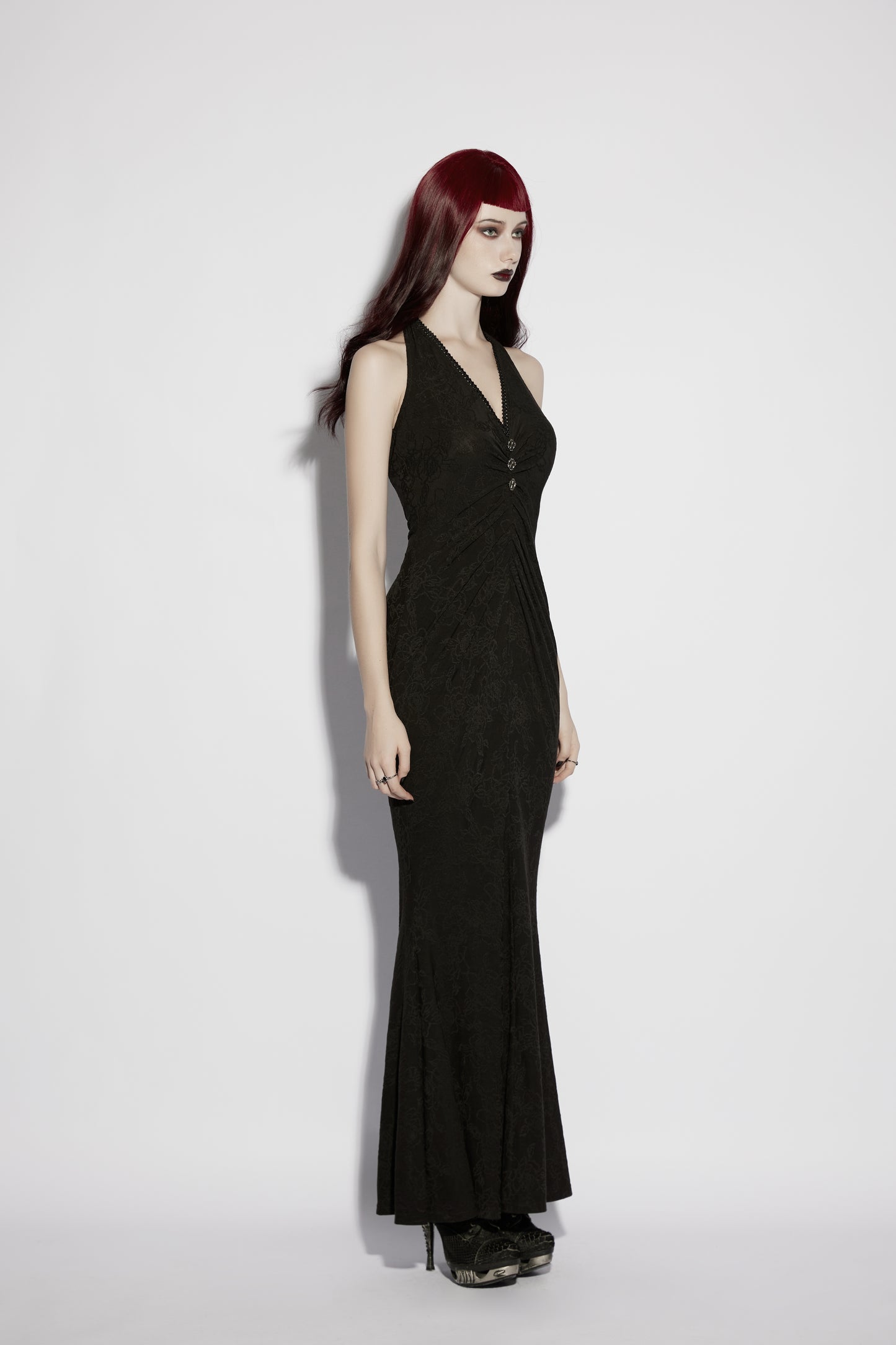 Punk Rave Seraphina Jacquard Halter Fish Tail Dress showcased on a mannequin, highlighting its gothic elegance and silhouette.