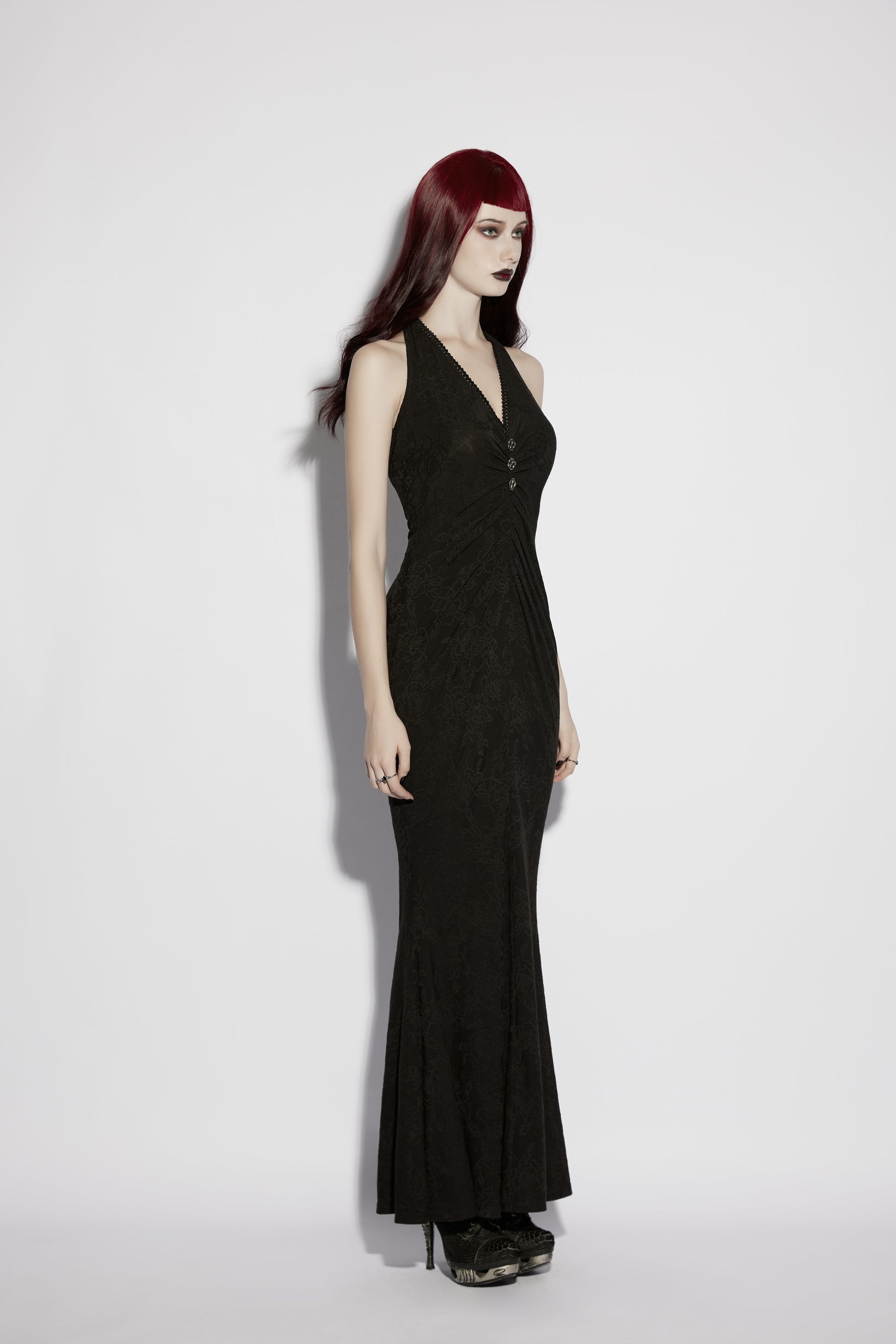 Punk Rave Seraphina Jacquard Halter Fish Tail Dress showcased on a mannequin, highlighting its gothic elegance and silhouette.