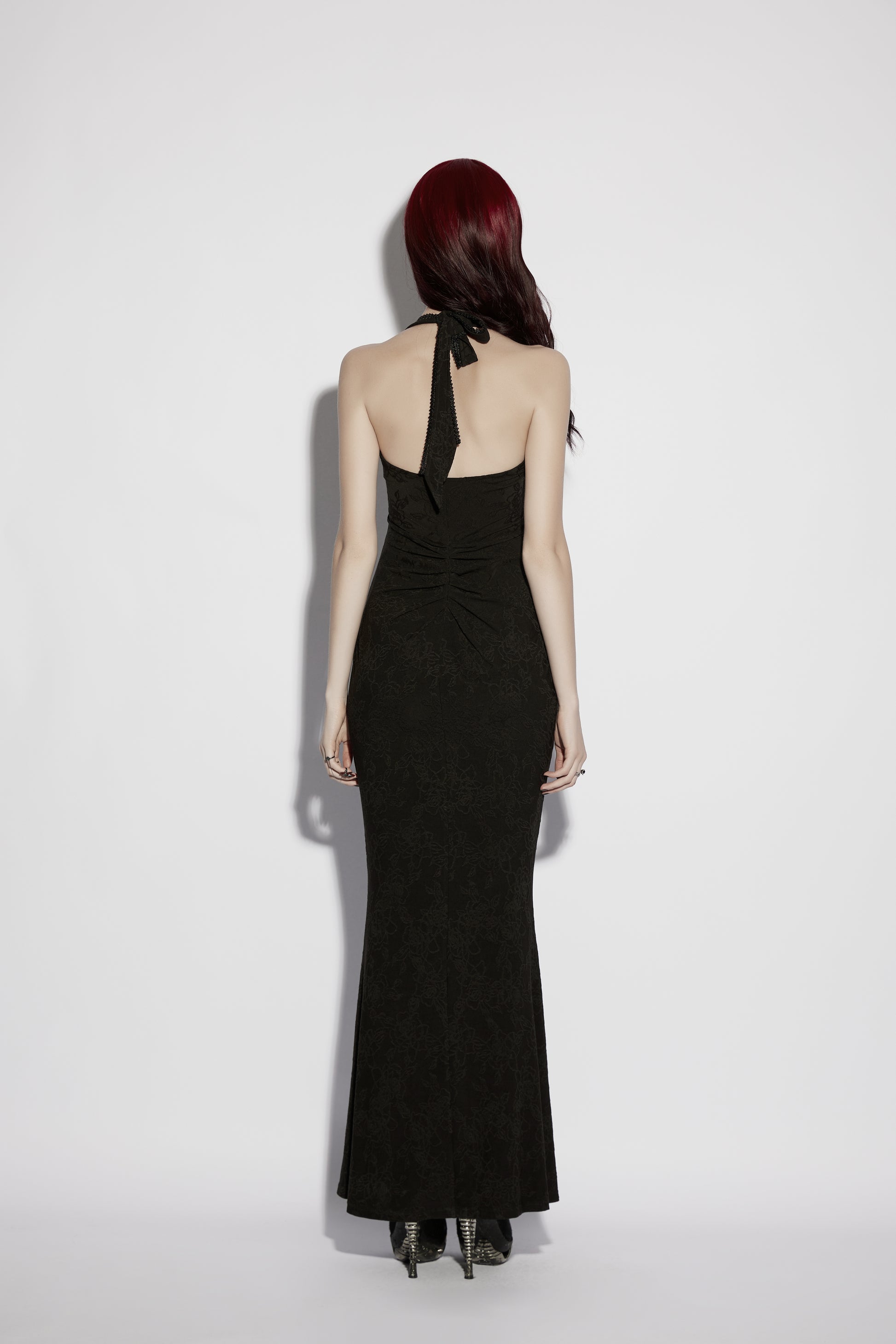 Back view of the Punk Rave Seraphina Jacquard Halter Fish Tail Dress showcasing its elegant silhouette.