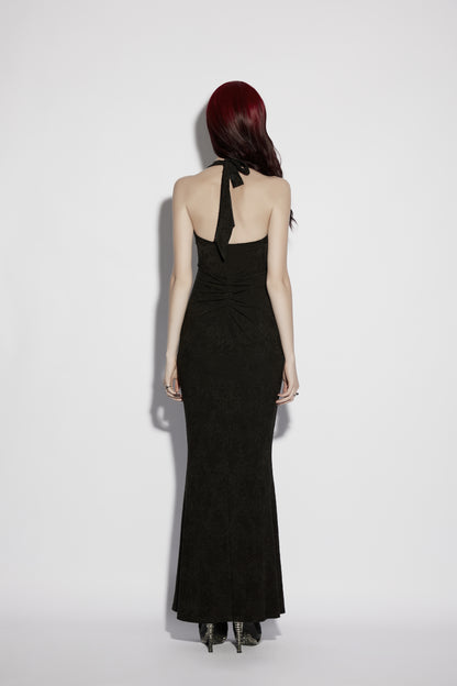 Back view of the Punk Rave Seraphina Jacquard Halter Fish Tail Dress showcasing its elegant silhouette.