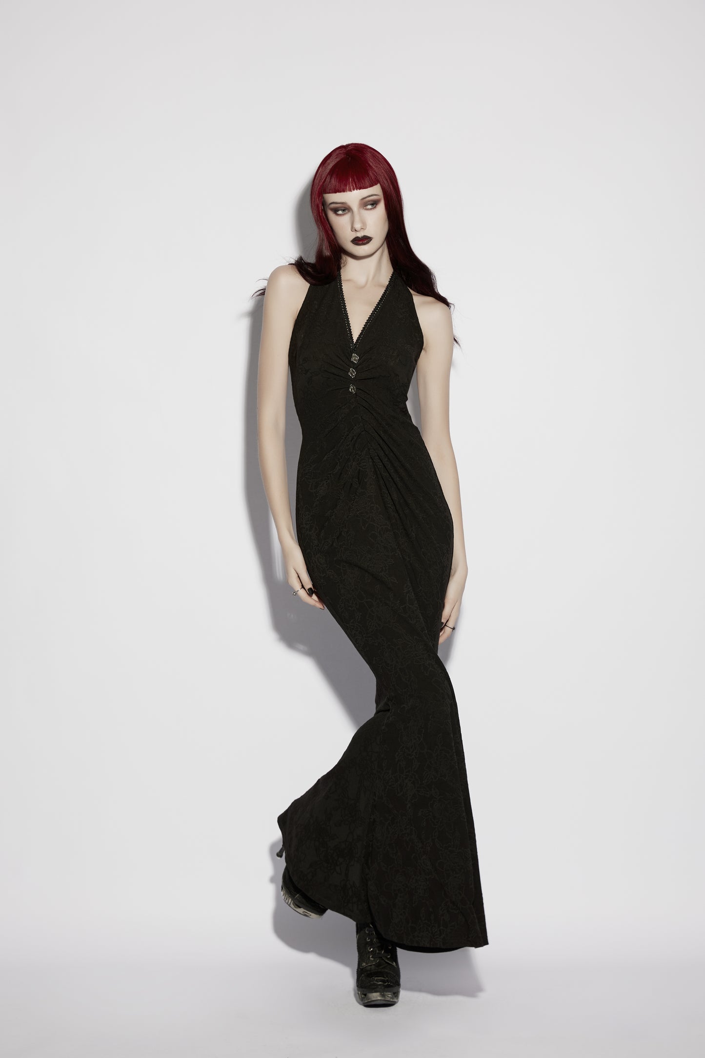 Punk Rave Seraphina Jacquard Halter Fish Tail Dress on model showcasing goth elegance and a dramatic fishtail hem.