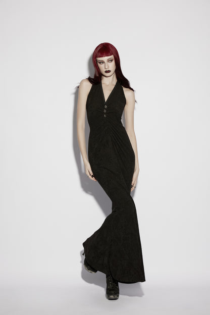 Punk Rave Seraphina Jacquard Halter Fish Tail Dress on model showcasing goth elegance and a dramatic fishtail hem.