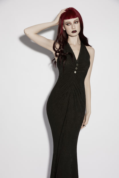 Punk Rave Seraphina Jacquard Halter Fish Tail Dress on a model with dark lips and red hair, showcasing its elegant shape.