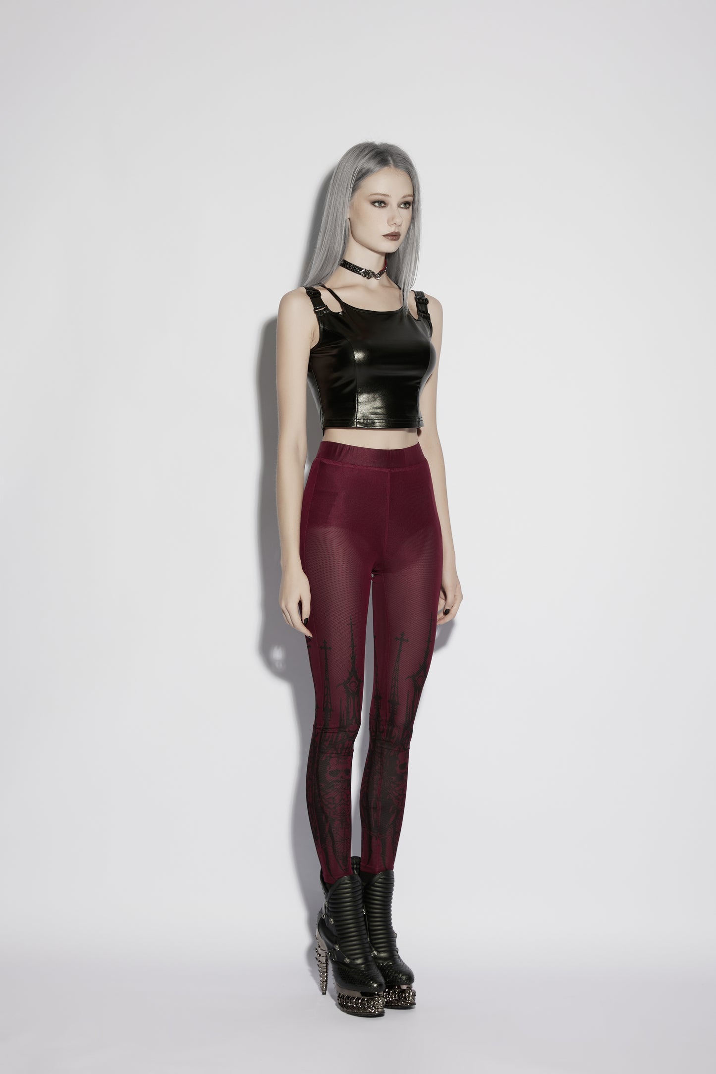 Punk Rave Morella Church Skull Leggings - Gothic Burgundy Print
