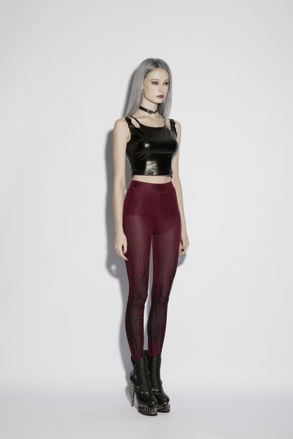 Punk Rave Morella Church Skull Leggings - Gothic Burgundy Print