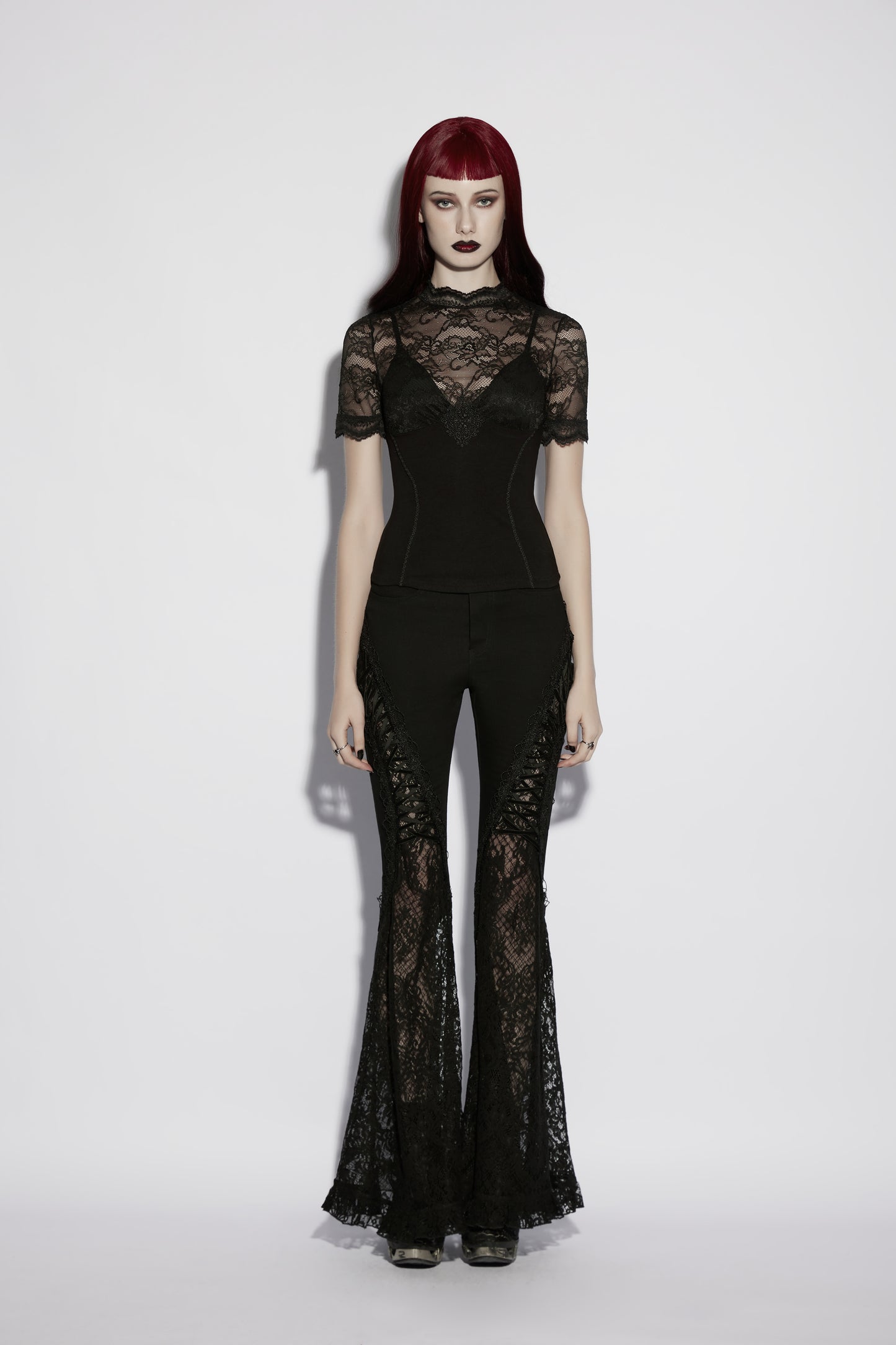 Punk Rave Elvira Lace Panel Goth T-shirt displayed on a mannequin, featuring a lace panel goth t shirt design.