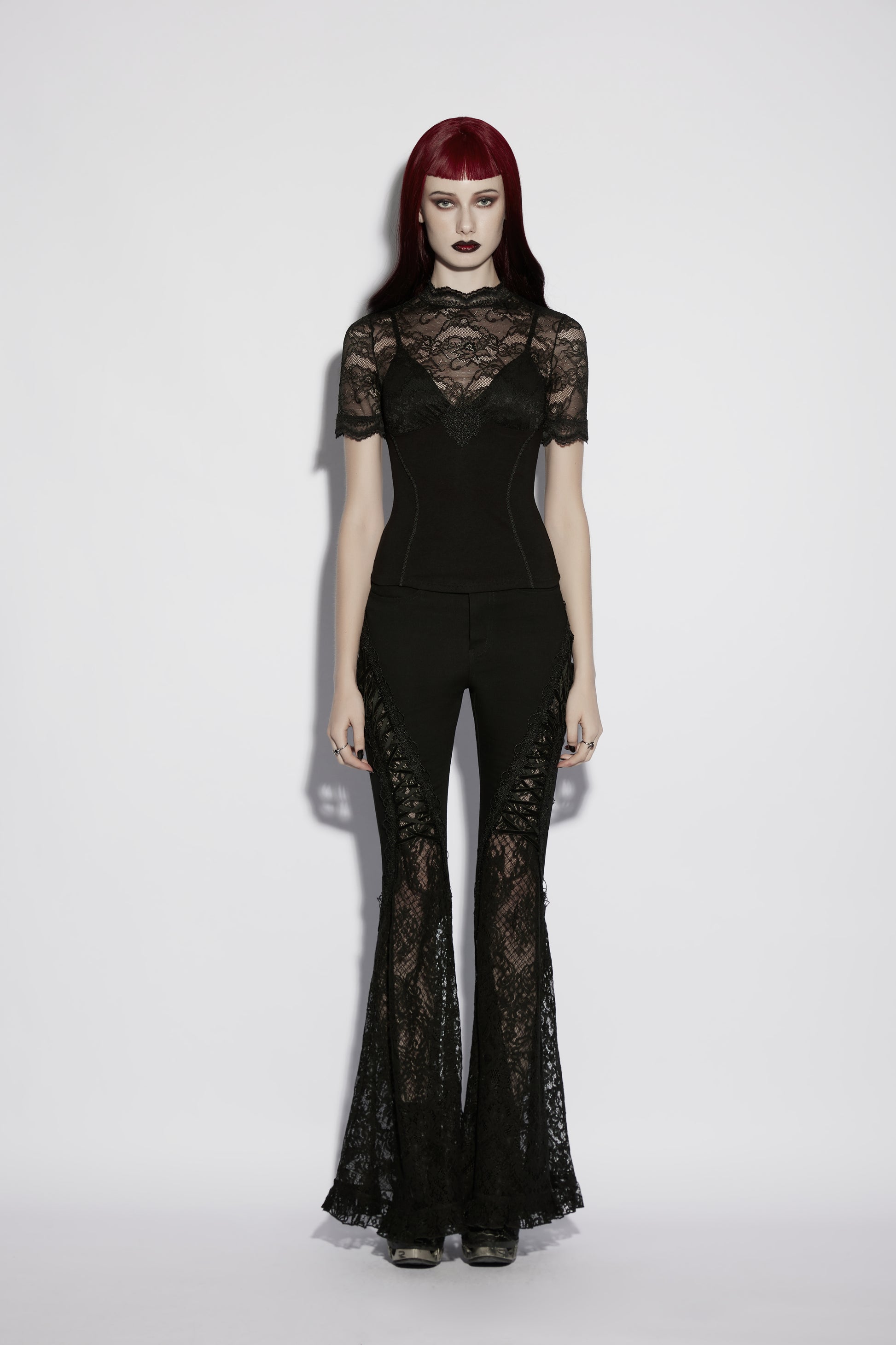 Punk Rave Elvira Lace Panel Goth T-shirt displayed on a mannequin, featuring a lace panel goth t shirt design.