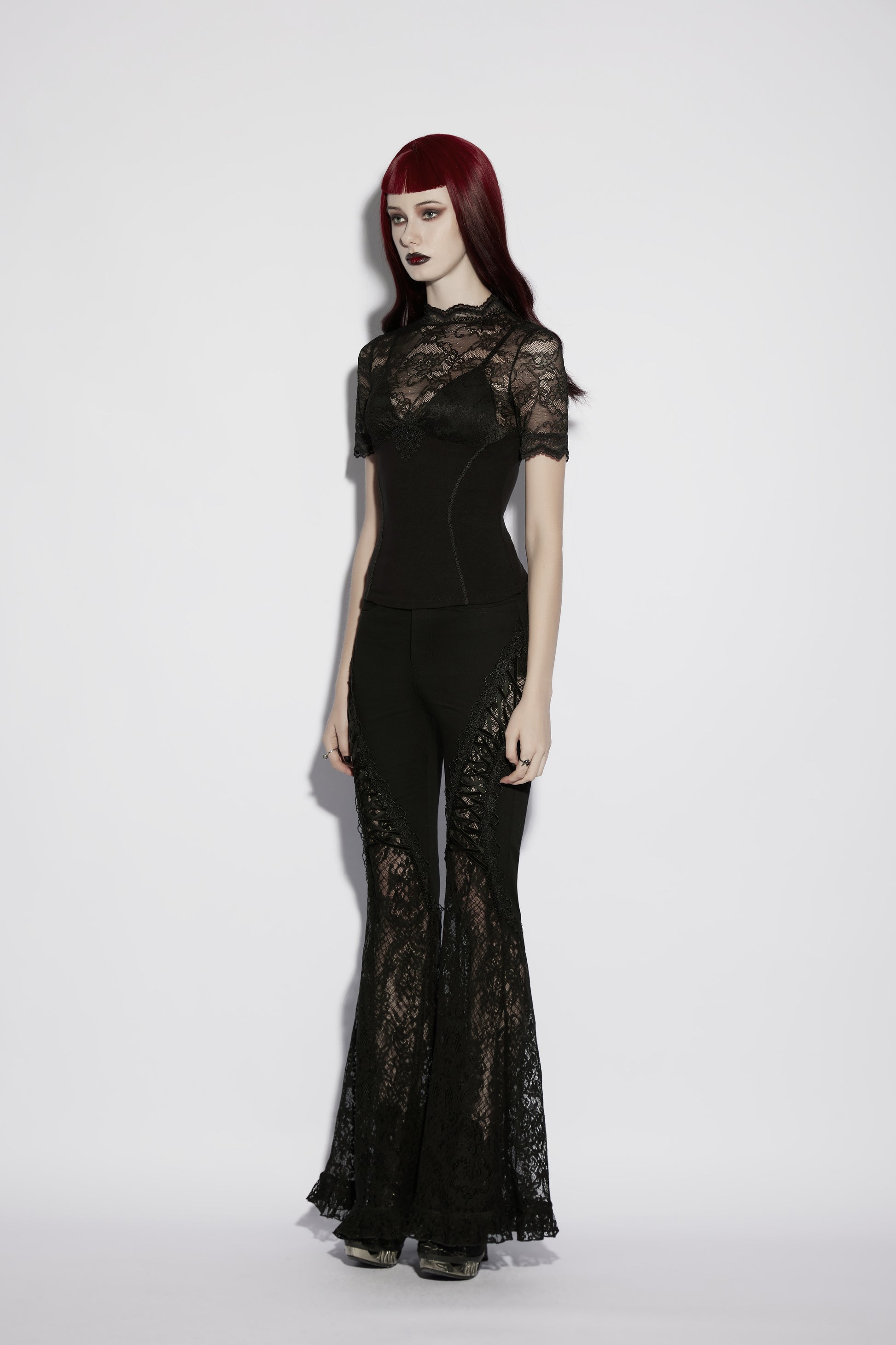 Punk Rave Elvira Lace Panel Goth T-Shirt on mannequin, showcasing lace panel goth t shirt with romantic details.