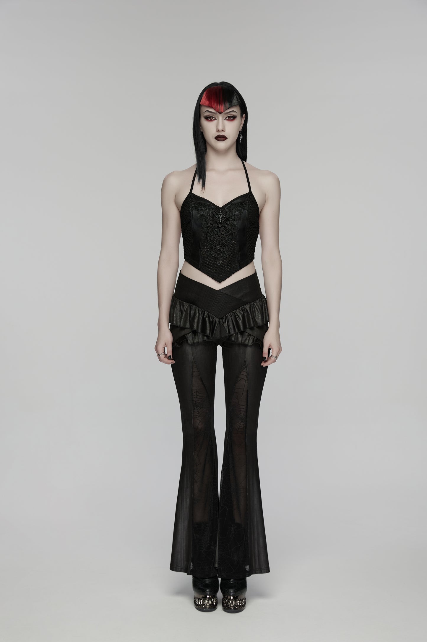 Punk Rave Goth Camisole Top with Feature Embroidery and Tie Back