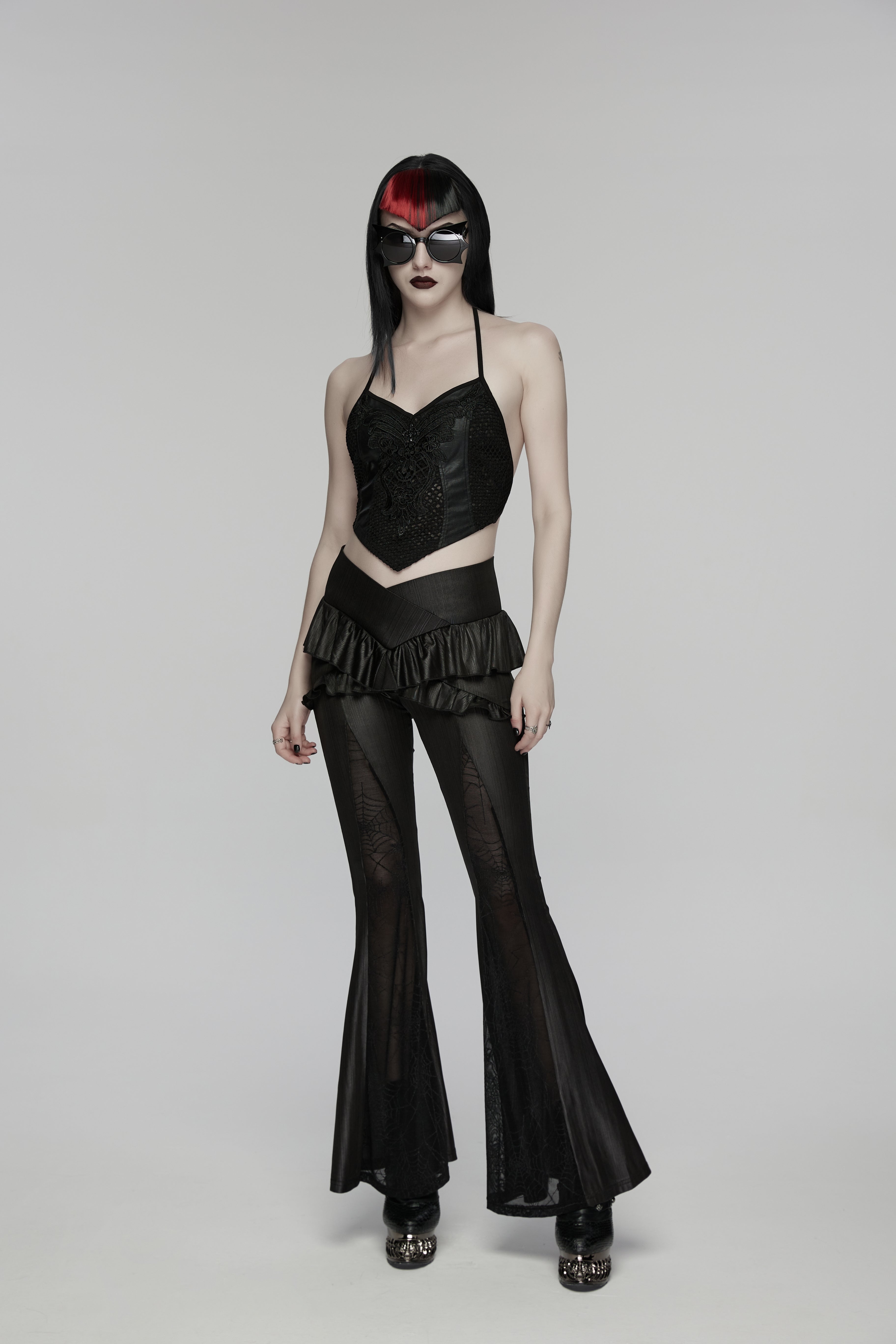 Punk Rave Bellatrix Goth Flared Pants Black Spiderweb Mesh