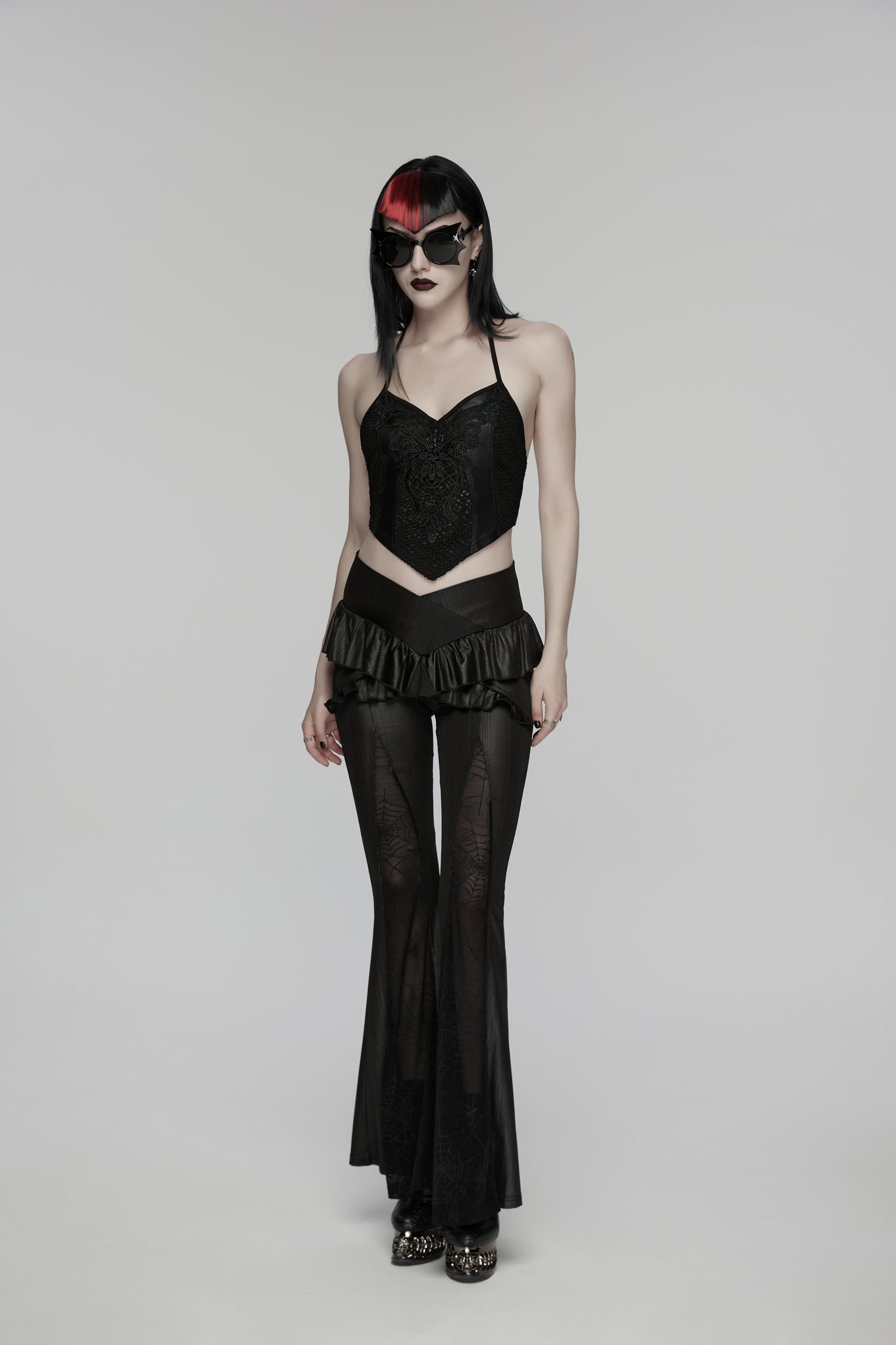 Punk Rave Goth Camisole Top with Feature Embroidery and Tie Back