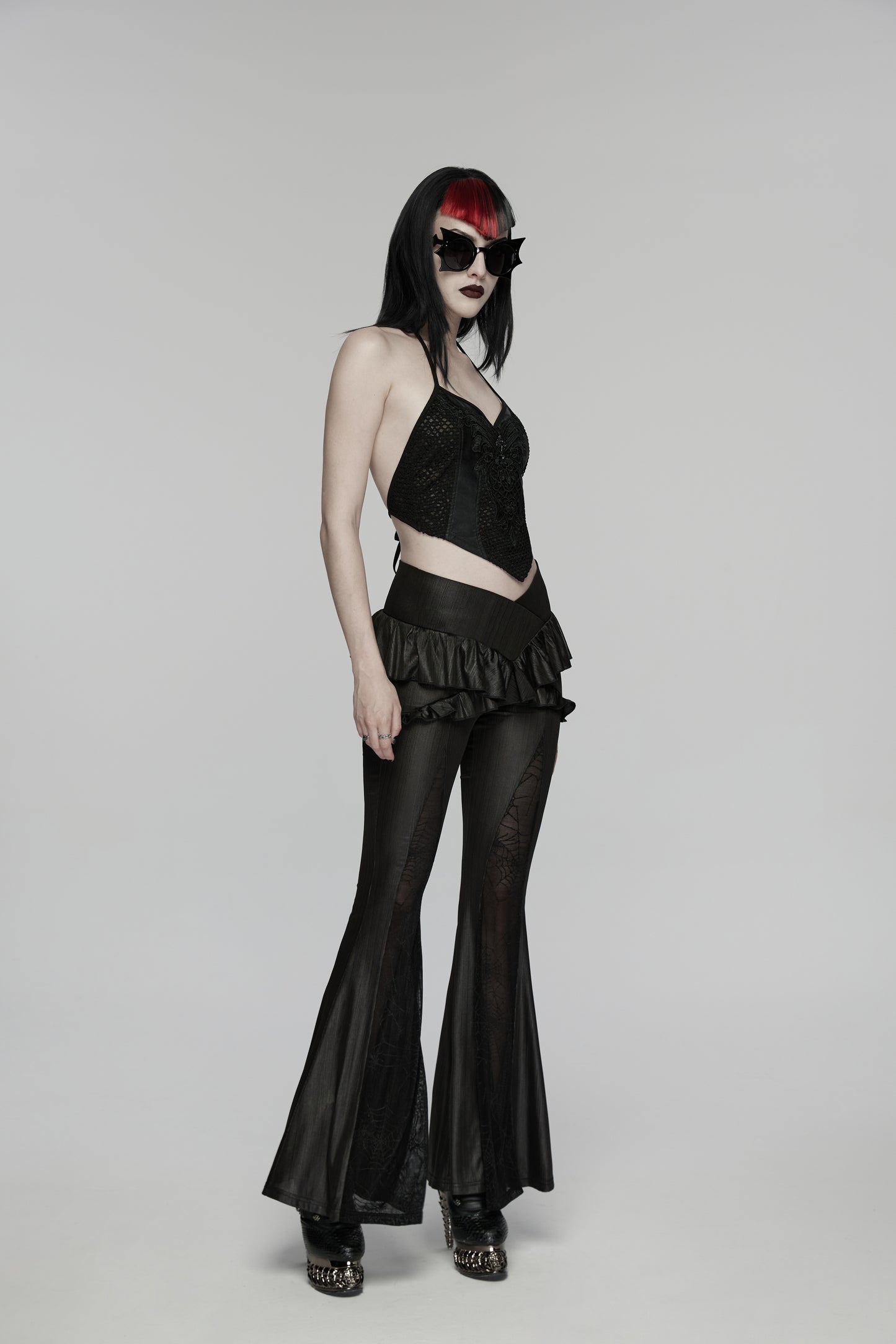Punk Rave Goth Camisole Top with Feature Embroidery and Tie Back