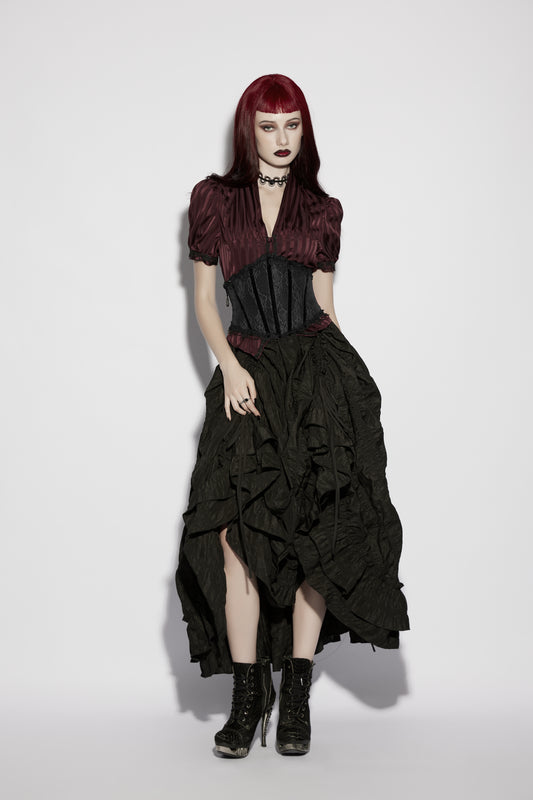 Model showcasing the Punk Rave Morrigan Goth Pleated Retro Skirt with dramatic vintage silhouette and gothic elegance.