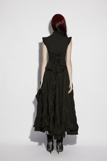 Back view of goth ruffle shirt, showcasing intricate details and elegant silhouette. Perfect for a gothic fashion statement.