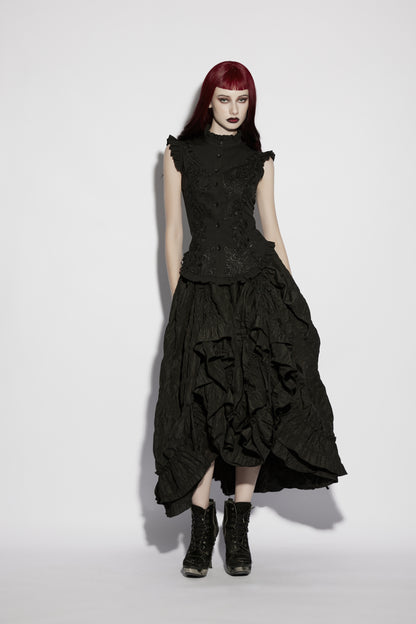 Goth ruffle shirt worn with a flowy black skirt, featuring intricate details and a structured design for gothic elegance.