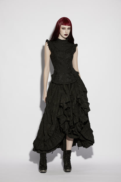 Goth ruffle shirt worn by model with Victorian-inspired design and bold gothic details.