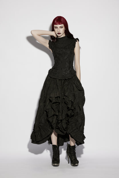 Model wearing a goth ruffle shirt paired with a flowing black skirt, showcasing gothic elegance and vintage-inspired style.
