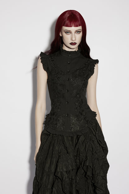 Model wearing a goth ruffle shirt, showcasing Victorian-inspired design and intricate embroidery.