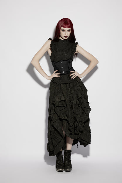 Model wearing Punk Rave Morrigan Goth Pleated Retro Skirt paired with a corset and edgy footwear, showcasing gothic fashion.