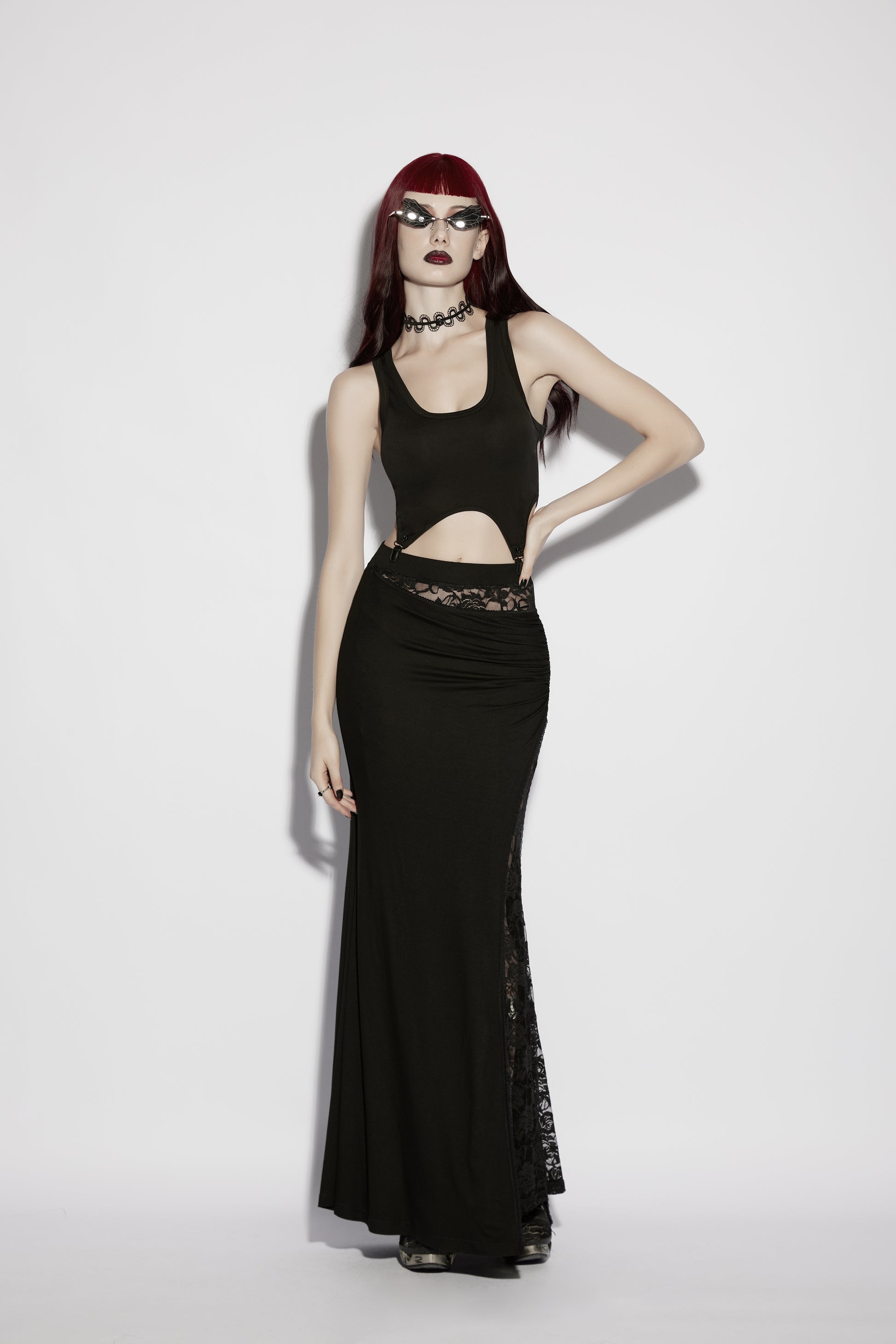 Gothic formal maxi skirt with floral lace panel - styled look