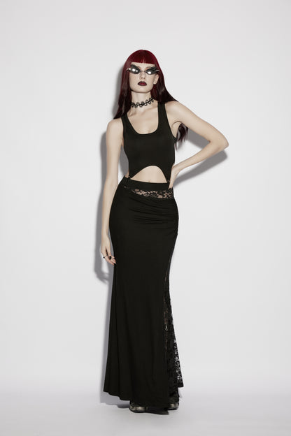 Gothic formal maxi skirt with floral lace panel - styled look