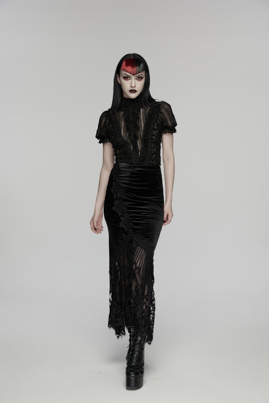 Model showcasing Punk Rave Selene Goth Velvet Lace Fishtail Skirt, featuring intricate lace and a dramatic silhouette.