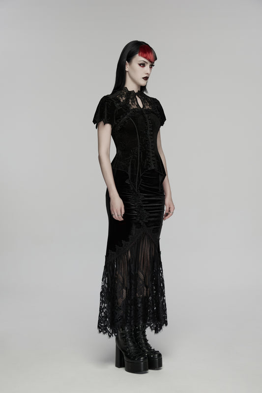 Punk Rave Rosalie Goth Gorgeous Rose Top worn by model showcasing gothic elegance and intricate lace details.