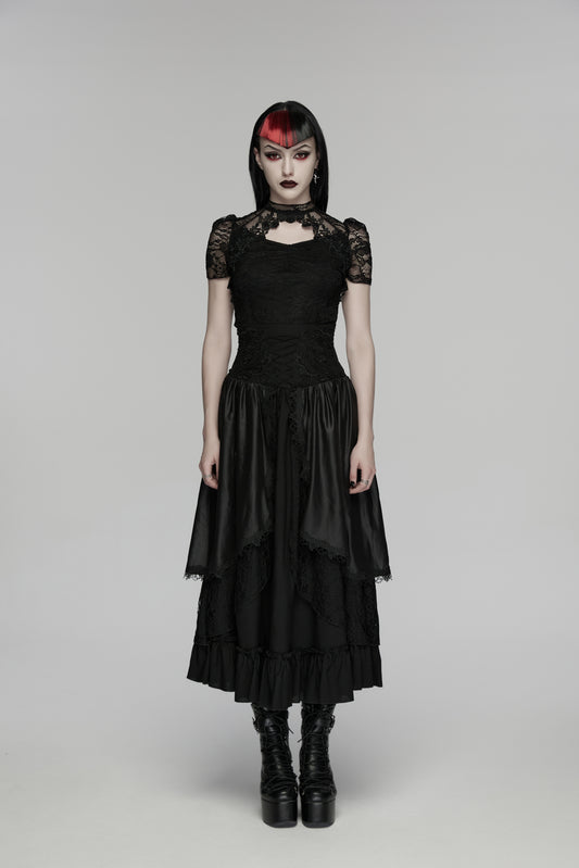 Goth layered skirt showcasing dark romantic texture and flowing layers in a striking punk style.