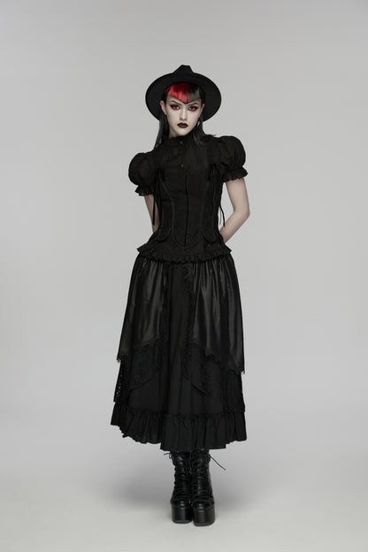 Goth layered skirt worn by model with dramatic makeup and hat, showcasing Punk Rave Morrigan Forest Skirt.