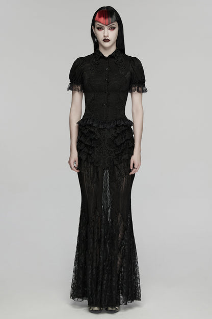 Model wearing a lace goth shirt, featuring short sleeves and intricate lace detailing, showcasing gothic elegance.