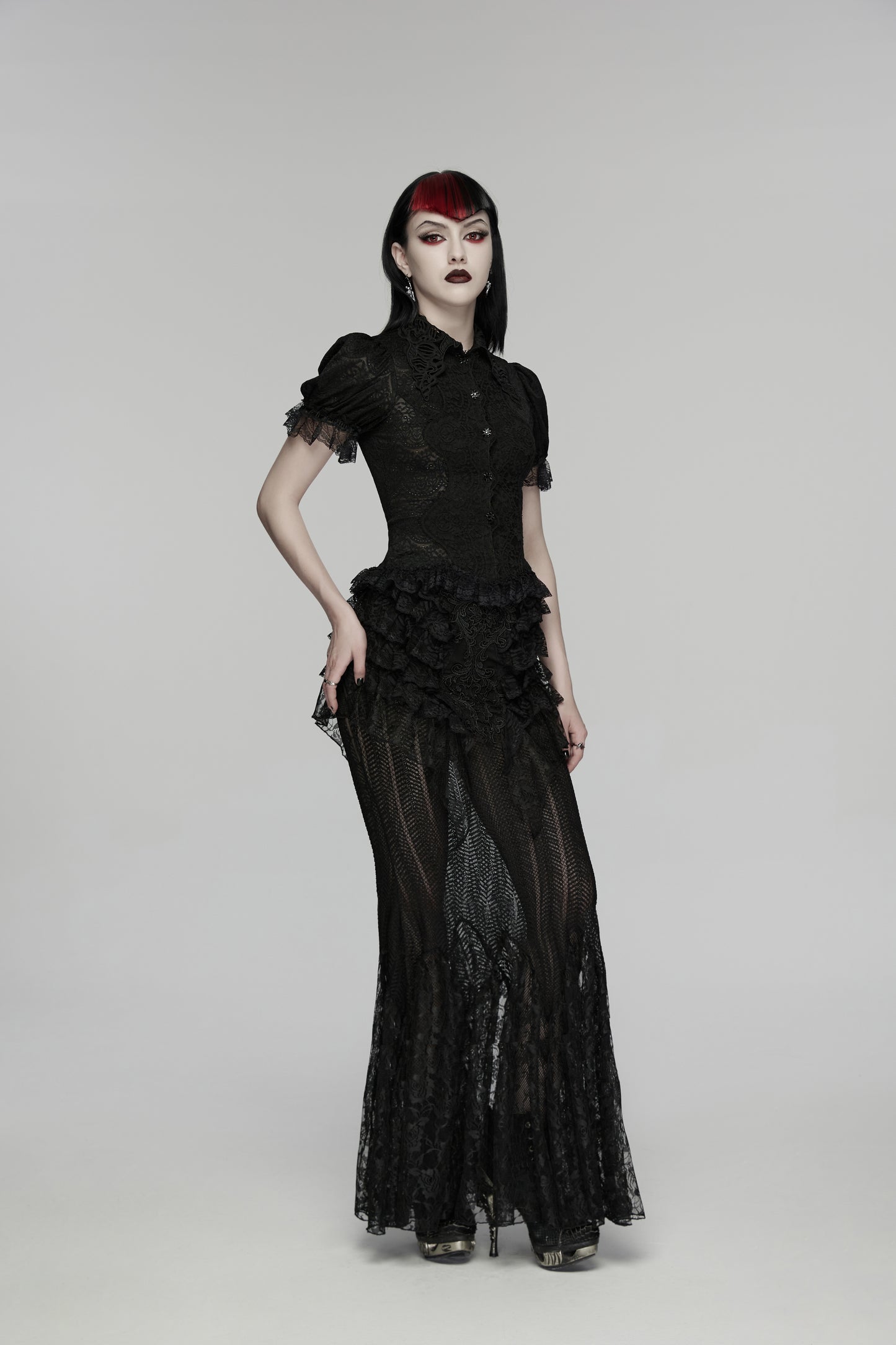 Punk Rave Elara Short Sleeve Top Lace Goth Shirt
