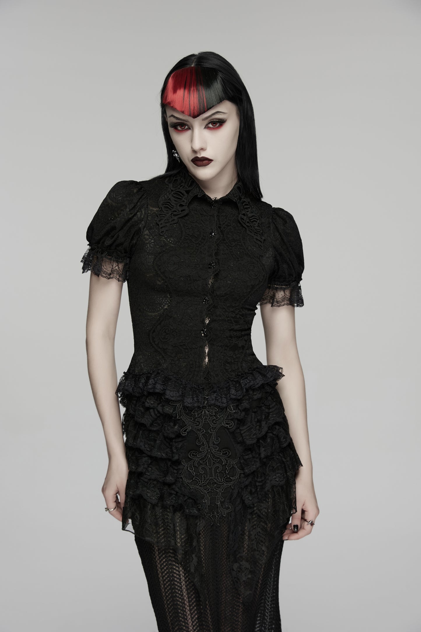 Lace goth shirt featuring elegant lace detailing and structured design, model wears Punk Rave Elara Short Sleeve Top.