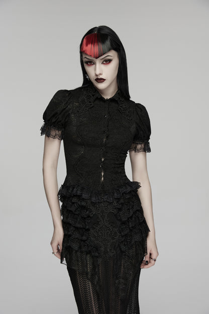 Lace goth shirt featuring elegant lace detailing and structured design, model wears Punk Rave Elara Short Sleeve Top.