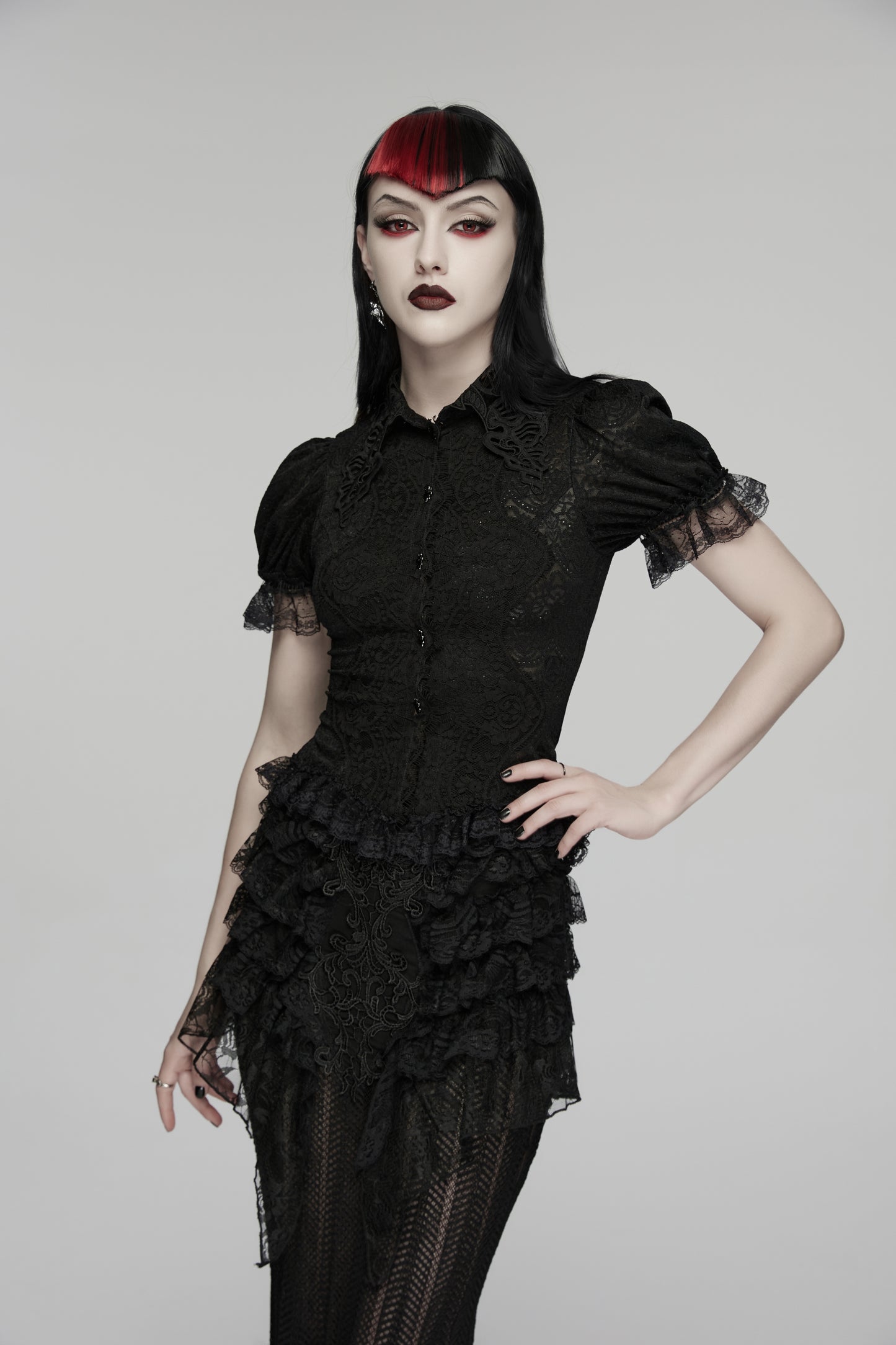 Lace goth shirt featuring short sleeves and intricate lace detailing in a gothic style.